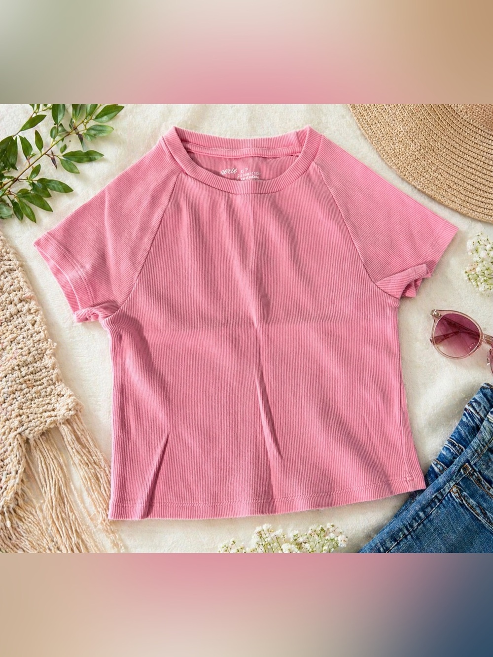Aerie Pink Ribbed Cropped Tee XS Soft Stretch Short Sleeve Casual Top